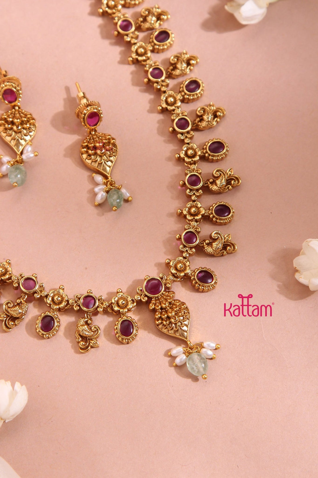 Simple Peacock Ruby Flower Choker - N3282