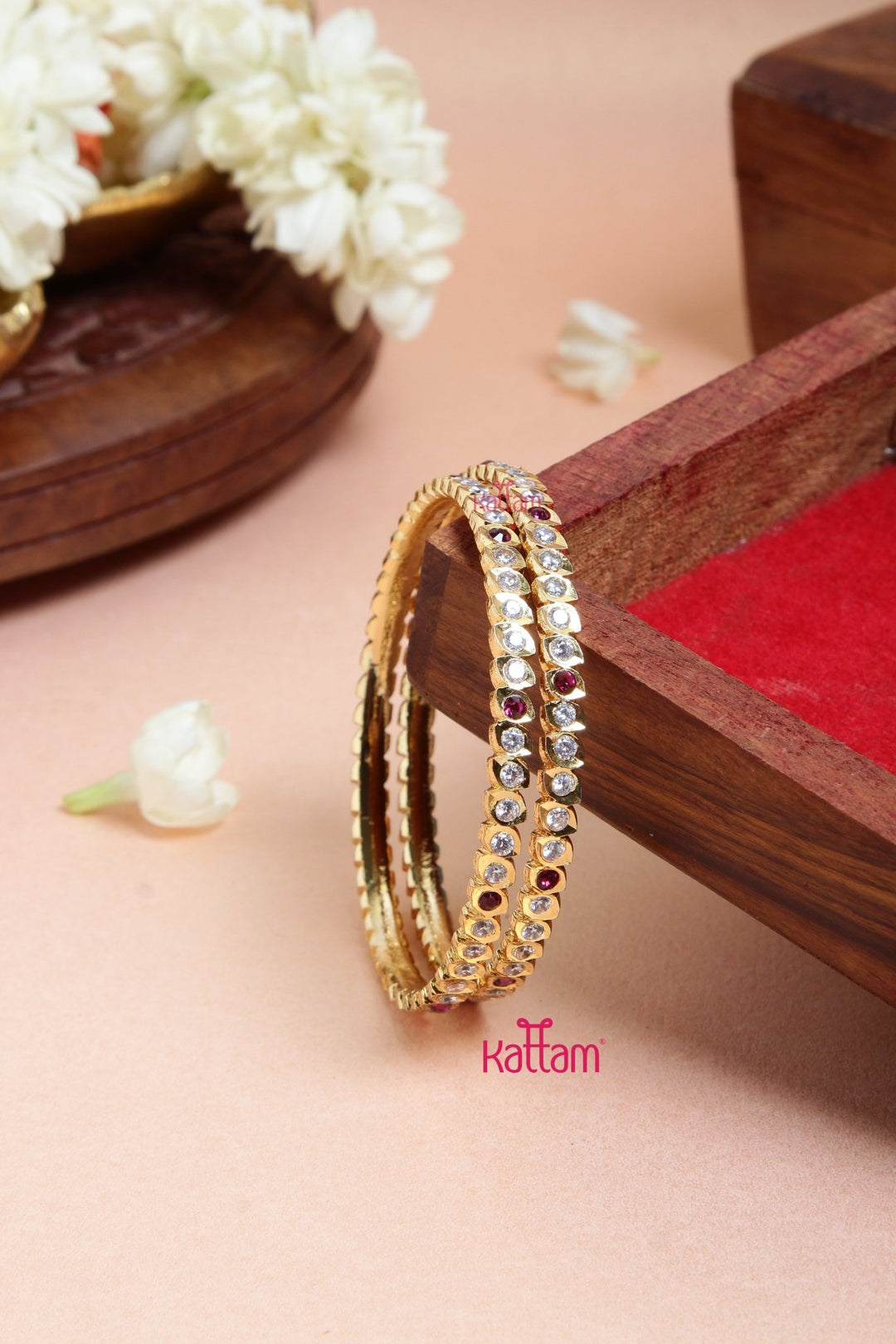 Single Line White &amp; Ruby Stone Gati Bangle - B549 - V4