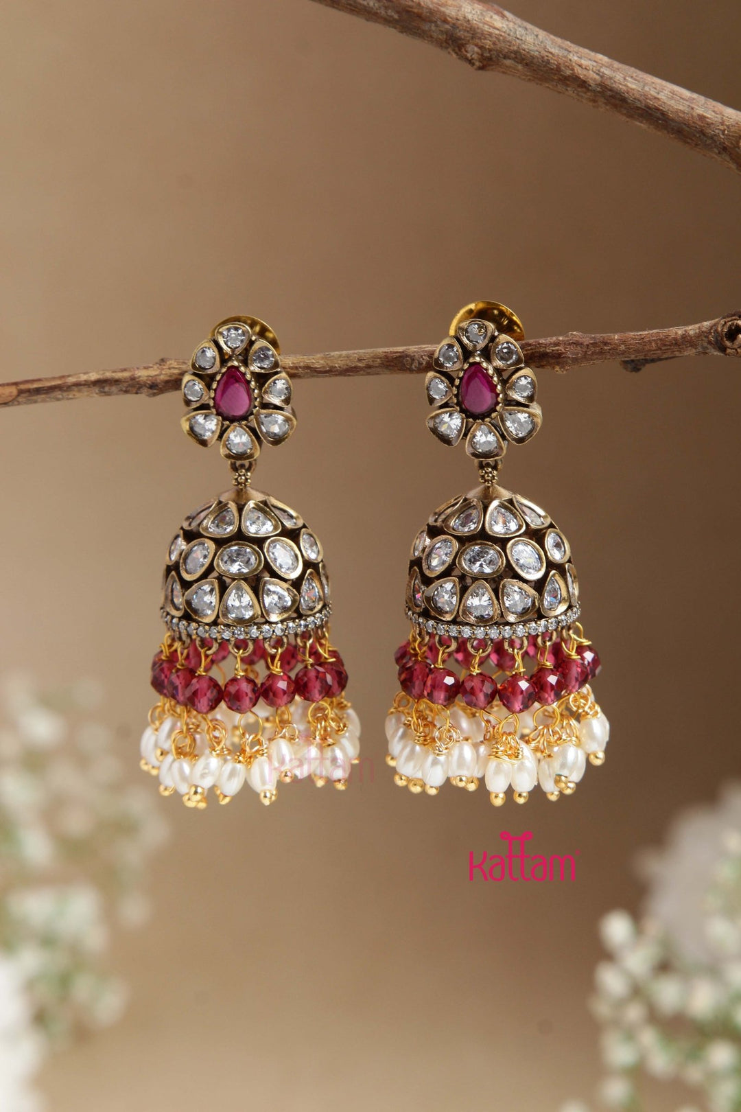 Sona - Victorian Diamond Full Maroon Beaded Jhumka - E855