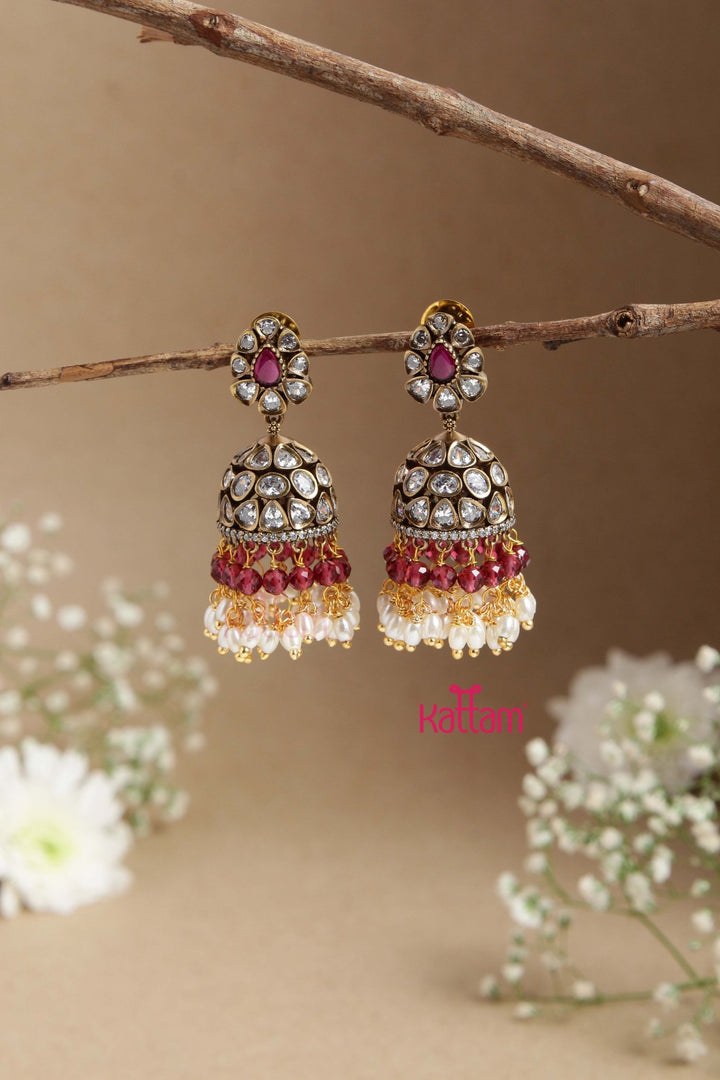 Sona - Victorian Diamond Full Maroon Beaded Jhumka - E855