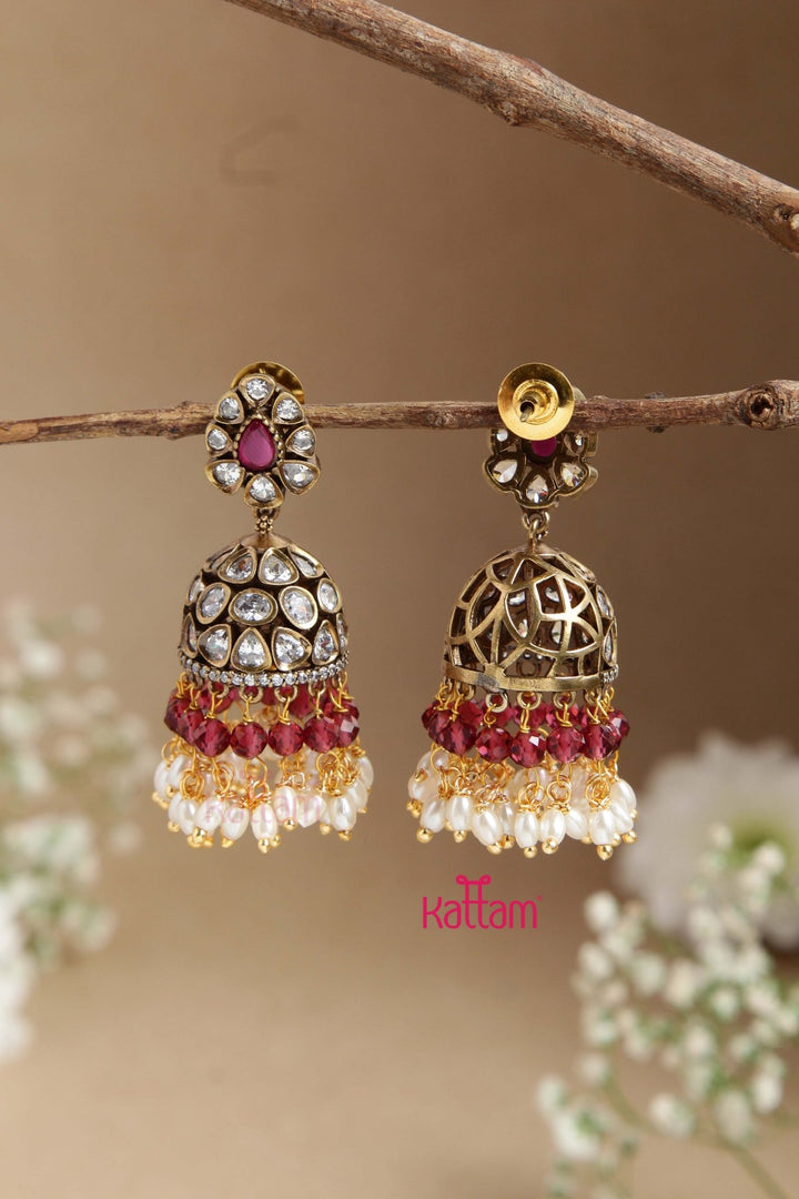 Sona - Victorian Diamond Full Maroon Beaded Jhumka - E855