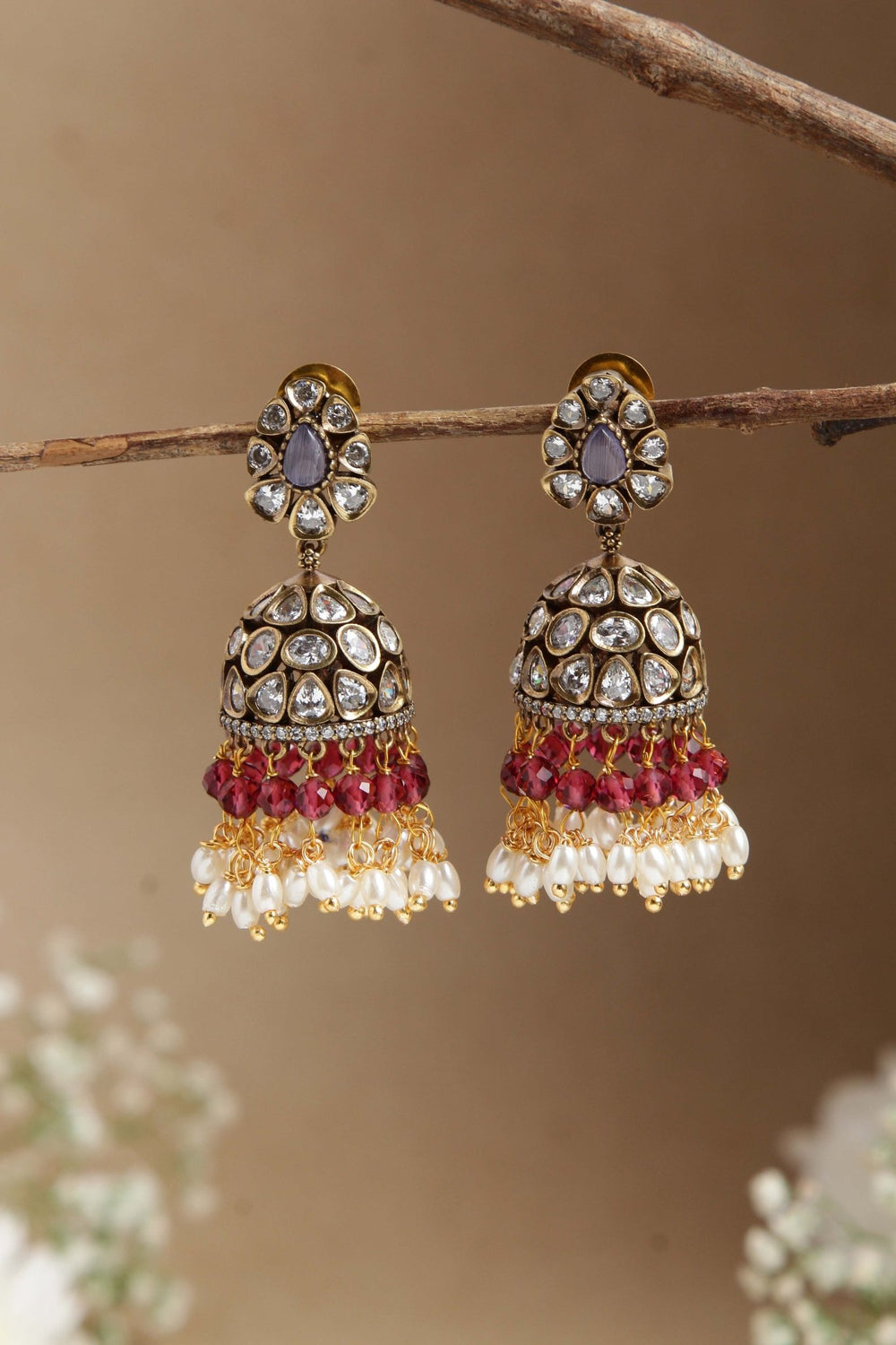 Sona - Victorian Diamond Maroon Beaded Jhumka - E853