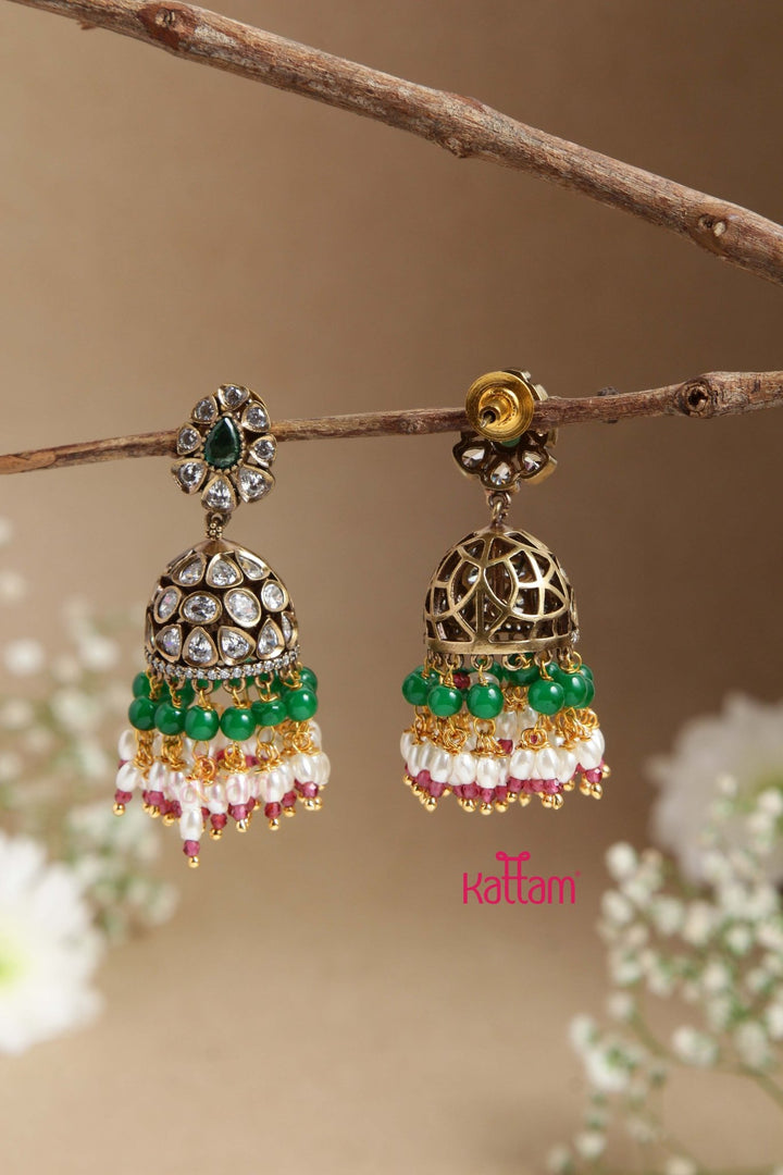 Sona - Victorian Diamond PastelGreen Beaded Jhumka - E856