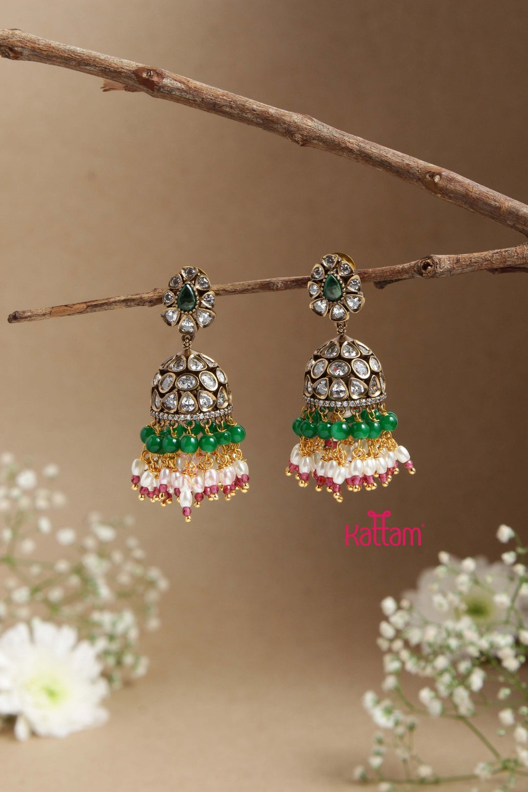 Sona - Victorian Diamond PastelGreen Beaded Jhumka - E856