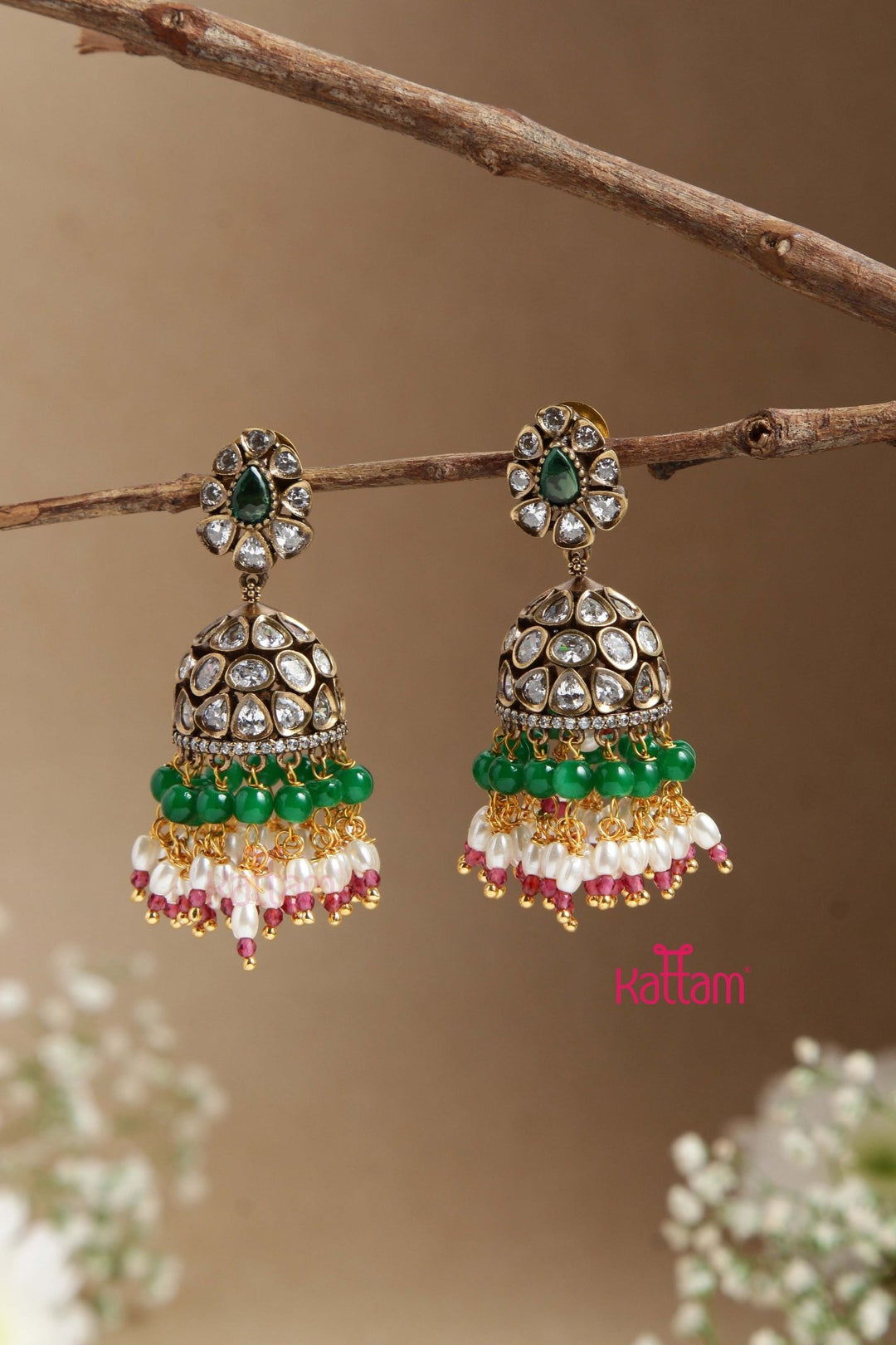 Sona - Victorian Diamond PastelGreen Beaded Jhumka - E856