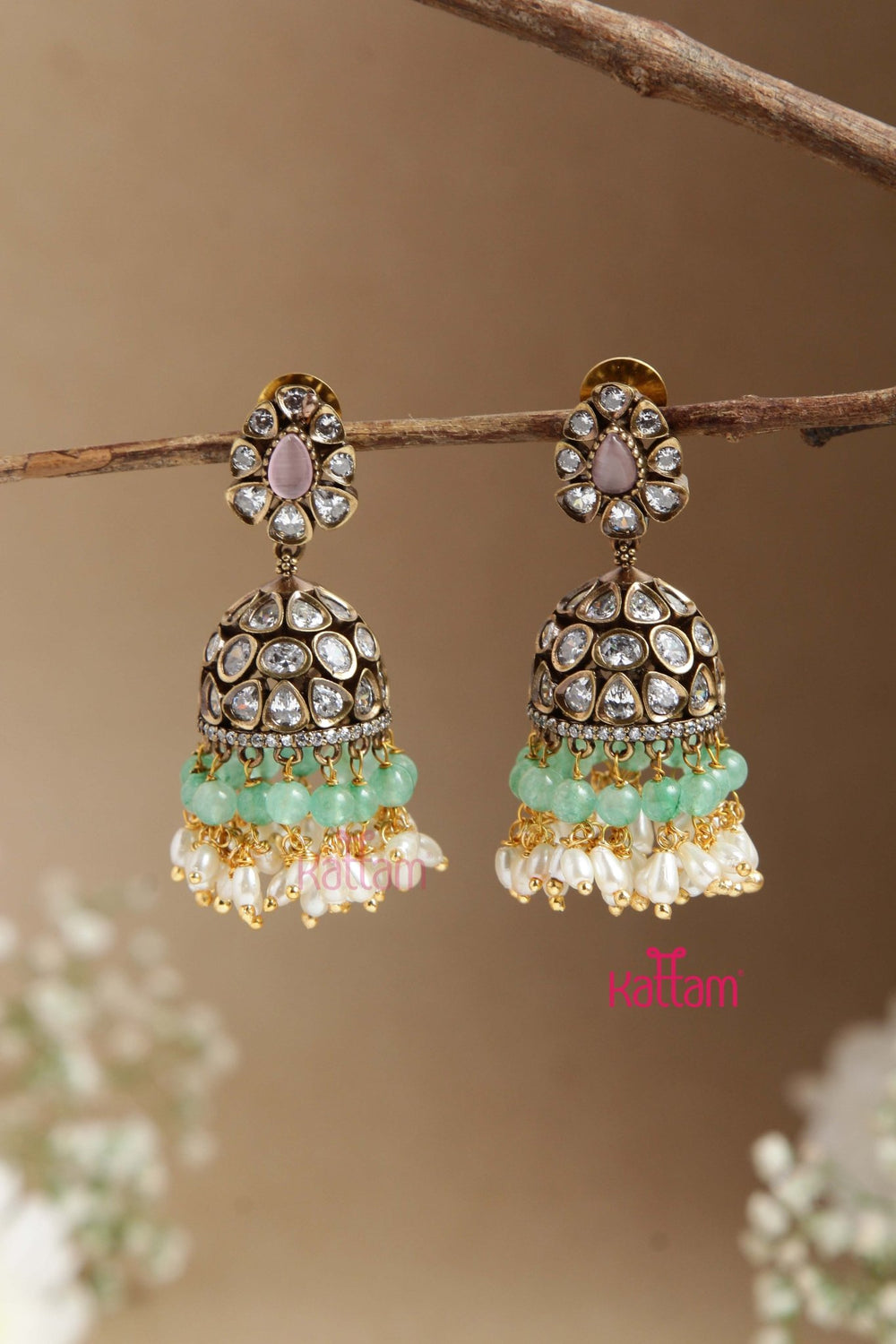 Sona - Victorian Diamond PastelGreen Beaded Jhumka - E854