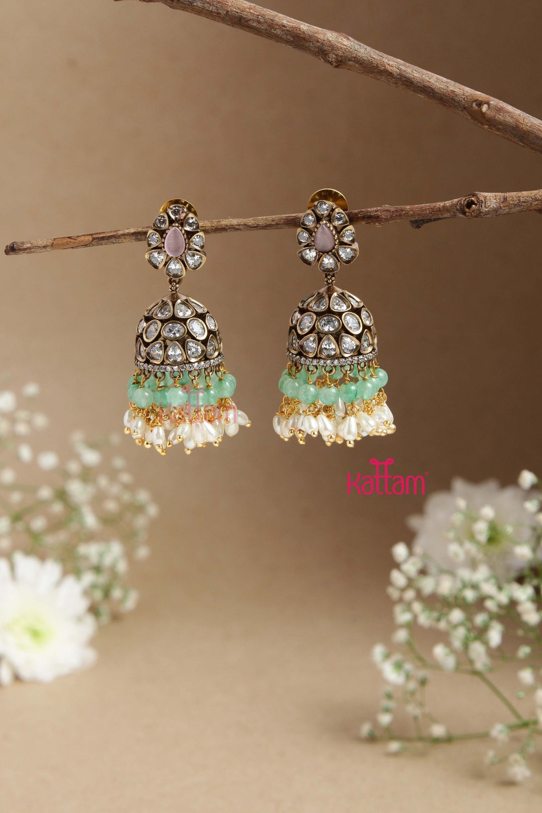 Sona - Victorian Diamond PastelGreen Beaded Jhumka - E854