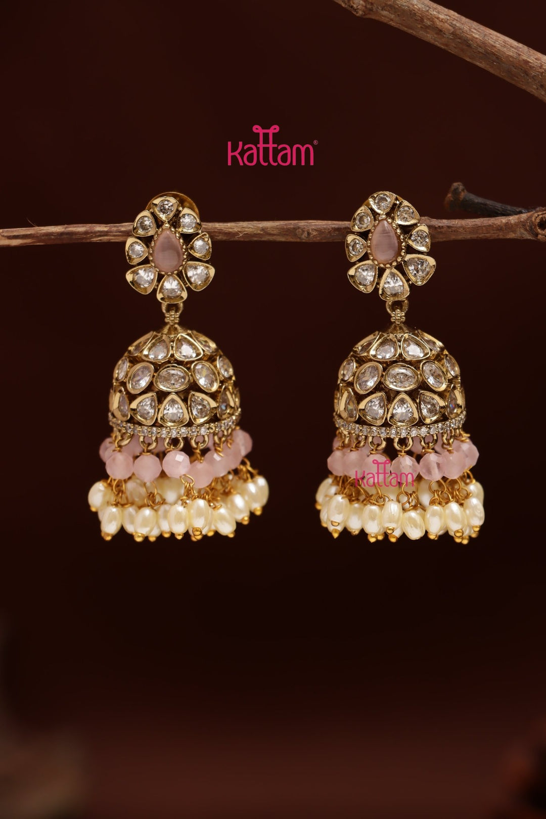 Sona - Victorian Pastel Pink Beaded Jhumka - E1218
