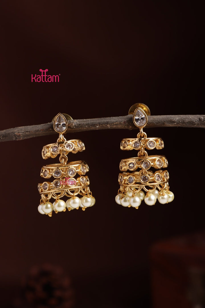 Spiral Stone Bead Jhumka - Pearl - E1397