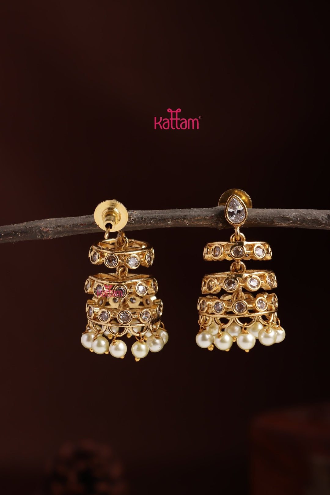 Spiral Stone Bead Jhumka - Pearl - E1397