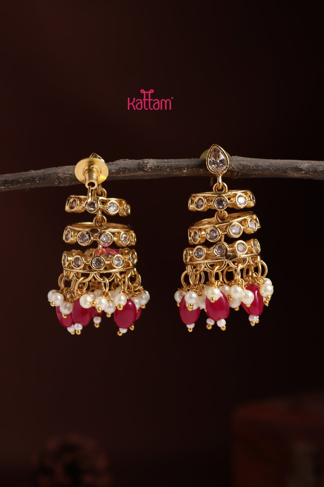 Spiral Stone Bead Jhumka - Rani Pink - E1396