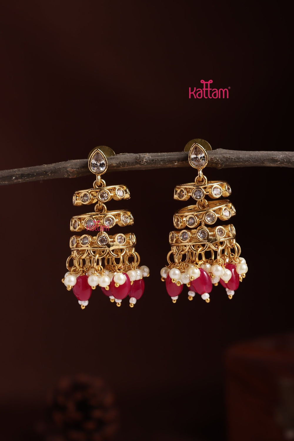 Spiral Stone Bead Jhumka - Rani Pink - E1396