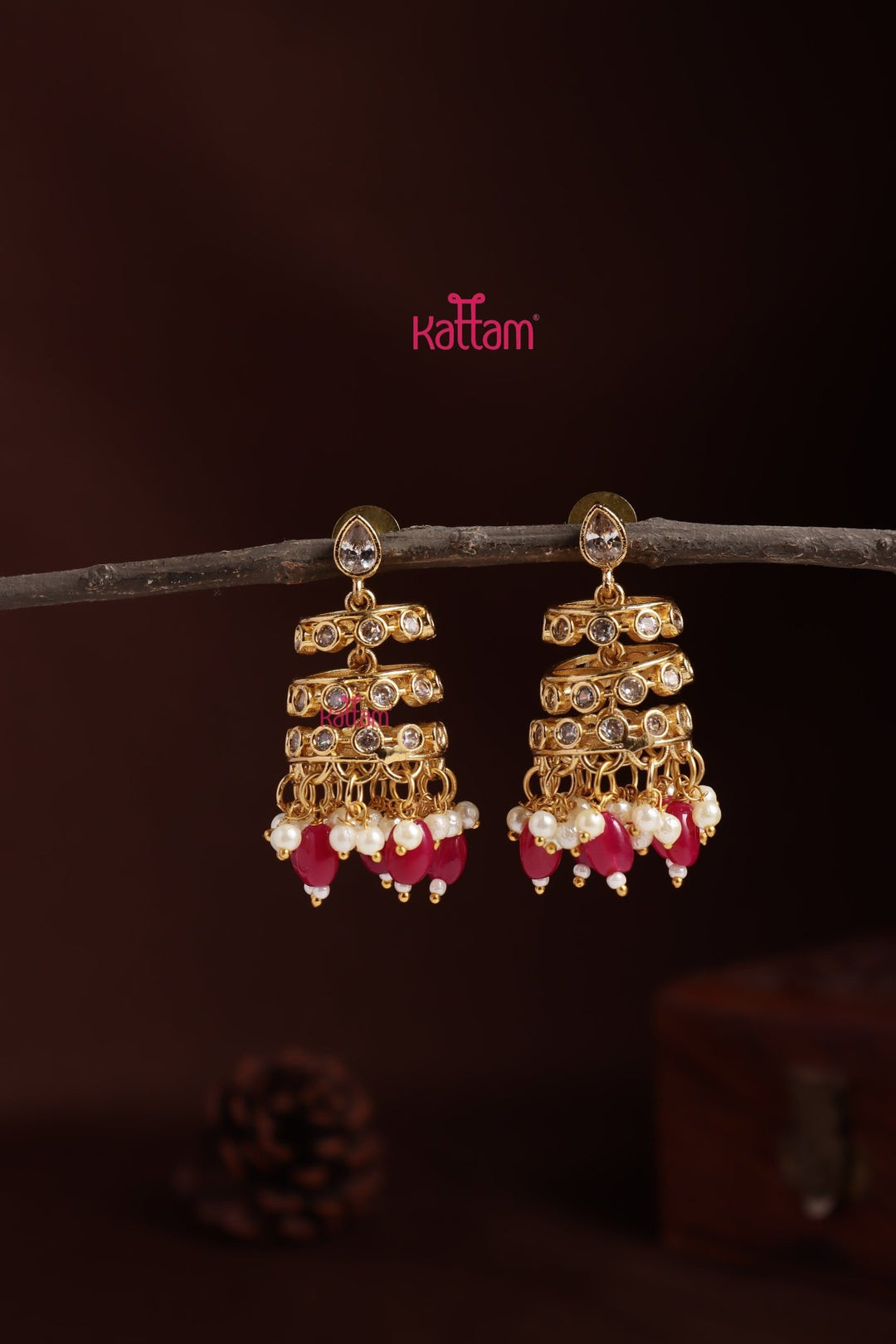 Spiral Stone Bead Jhumka - Rani Pink - E1396