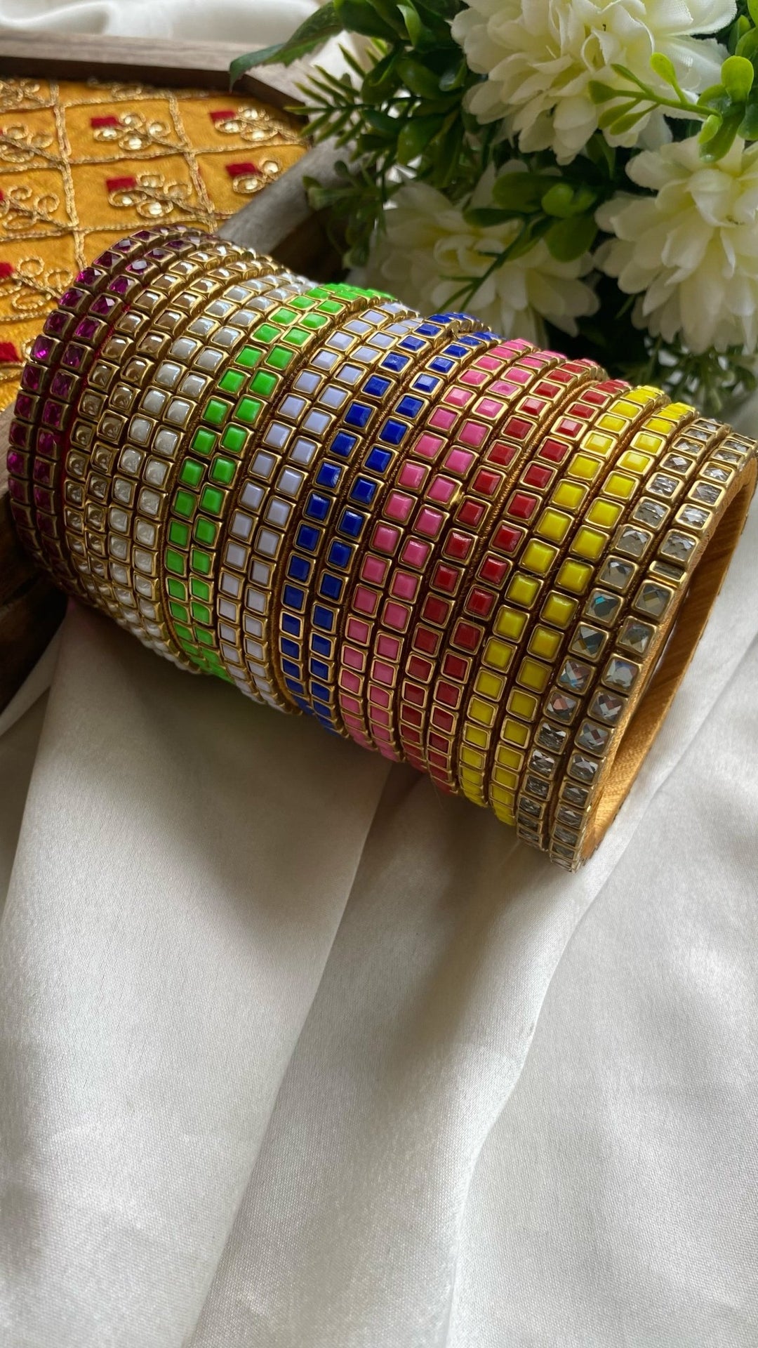 Square Handmade Kundan Bangles ( 10 colours Set) - KB067 - V4