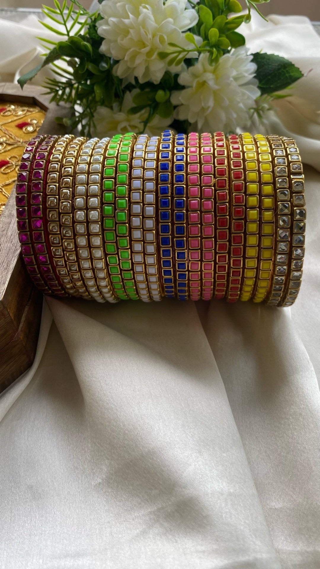 Square Handmade Kundan Bangles ( 10 colours Set) - KB067 - V4