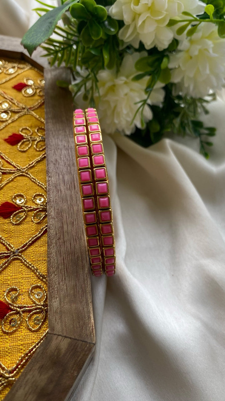 Square Handmade Kundan Bangles (Set of 2 - 11 Colour Options ) - KB008- V4