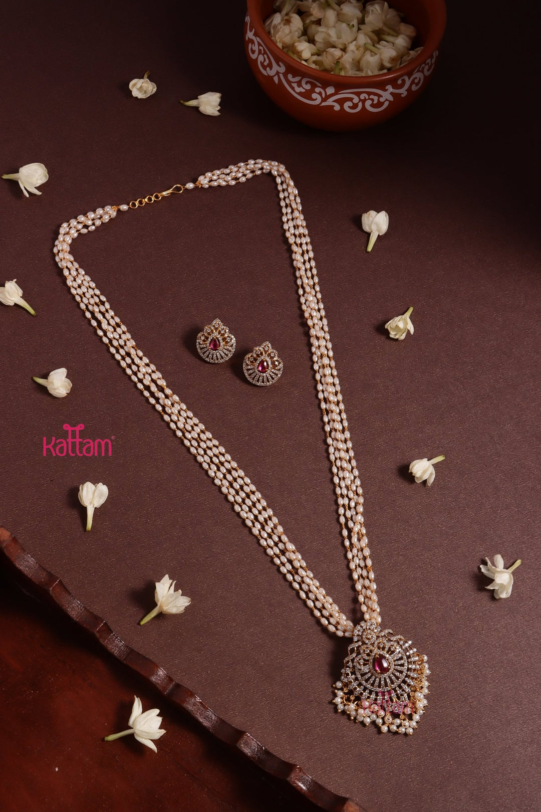Tharika - Rice Pearl Ruby Dollar Chain - N3615