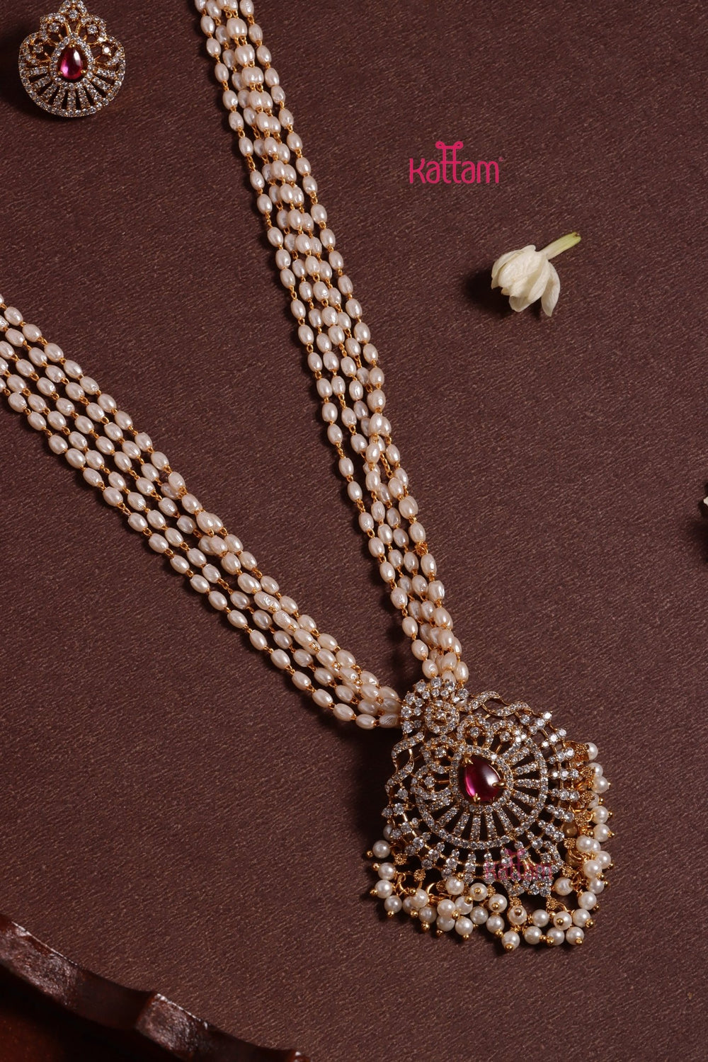 Tharika - Rice Pearl Ruby Dollar Chain - N3615