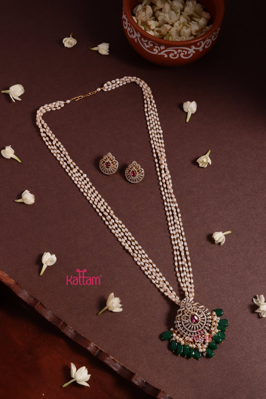 Tharika - Rice Pearl Rubygreen Dollar Chain - N3613