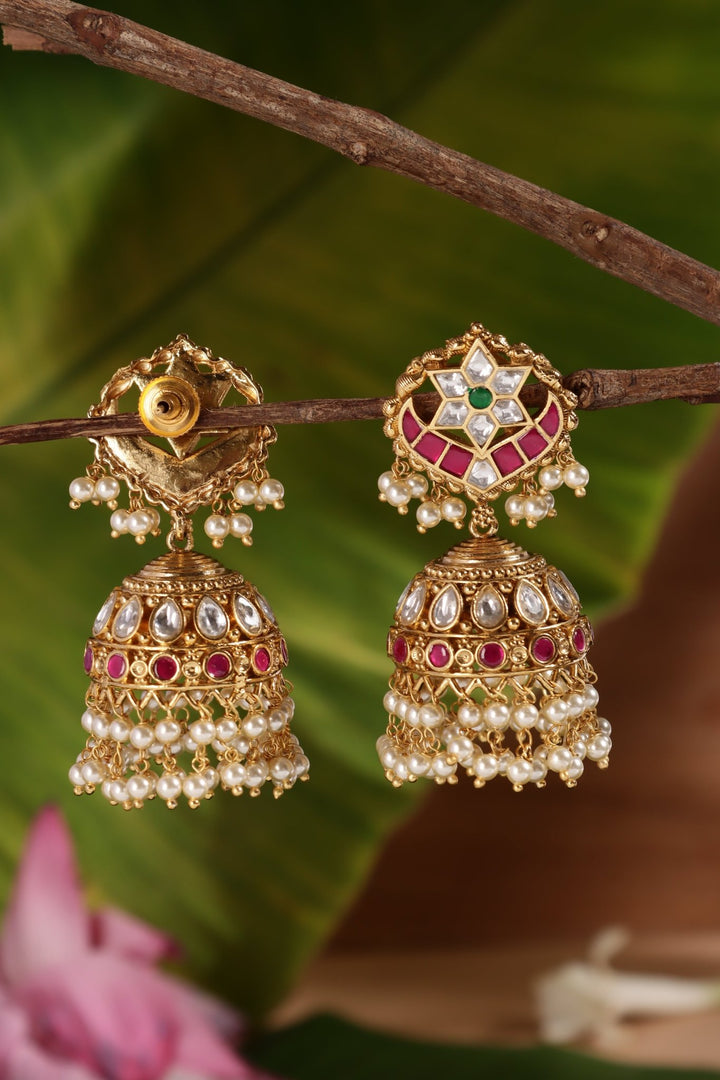 Thenmozhi - Halfmoon Pearl Multistone Jhumka - E1481