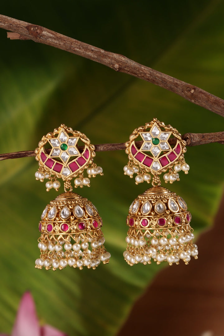 Thenmozhi - Halfmoon Pearl Multistone Jhumka - E1481