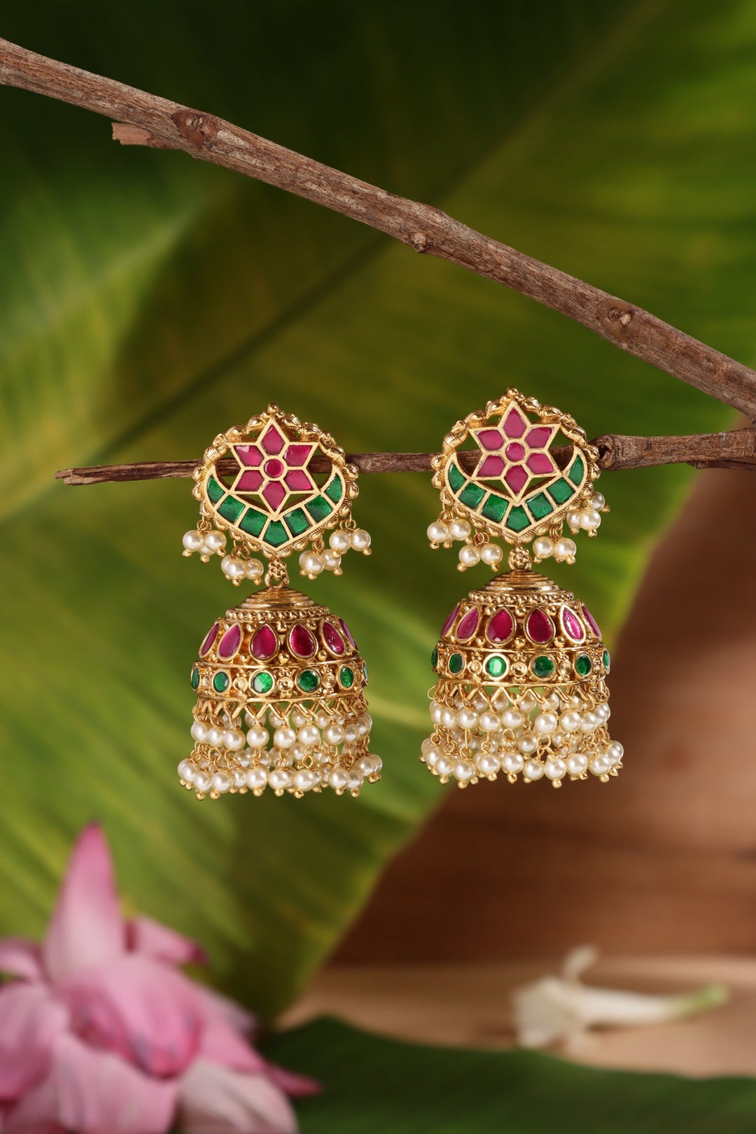 Thenmozhi - Halfmoon Pearl Rubygreen Jhumka - E1480