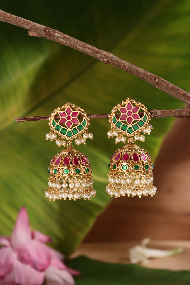 Thenmozhi - Halfmoon Pearl Rubygreen Jhumka - E1480