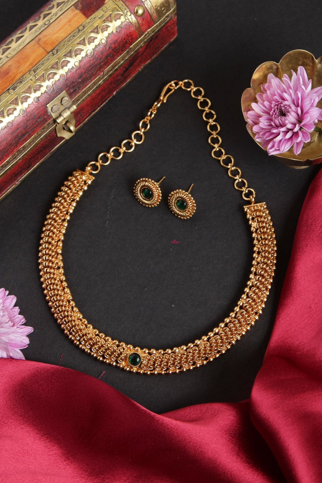 Thigazhini - Goldtone Green Stone Choker - N1989