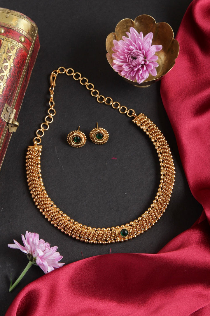 Thigazhini - Goldtone Green Stone Choker - N1989