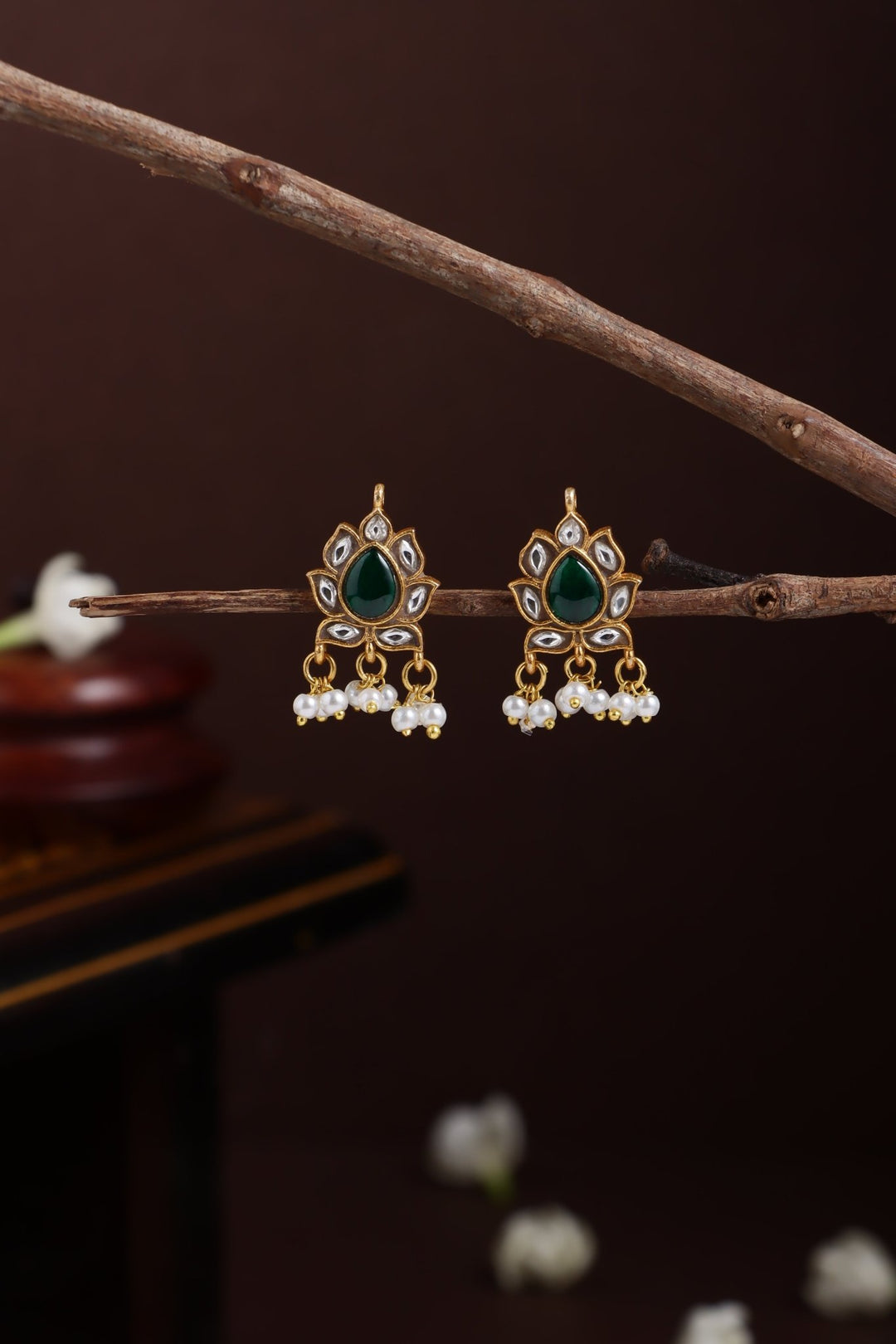 Thilagam Kundan Stone Earring - Green - E1272