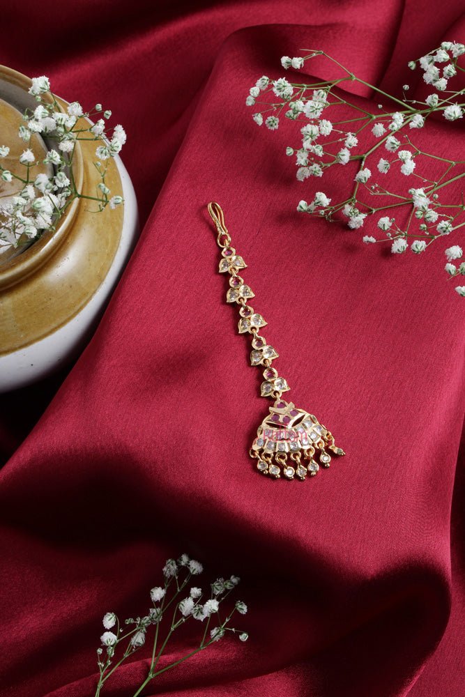 Traditional Goldtone RubywhiteStone Maangtikka - MT058