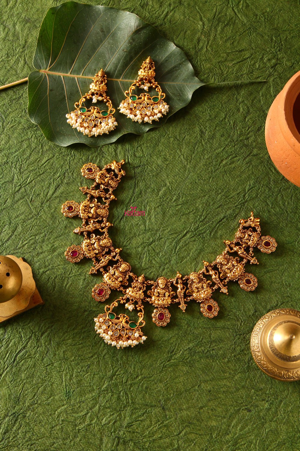 Trendy Lakshmi Red Green Pearl Necklace Set - N822