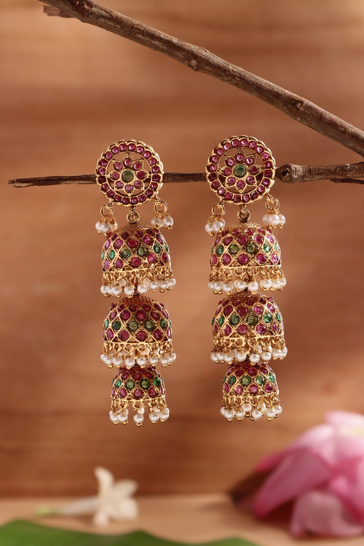 Triple Layered Flower Jhumka - E1483