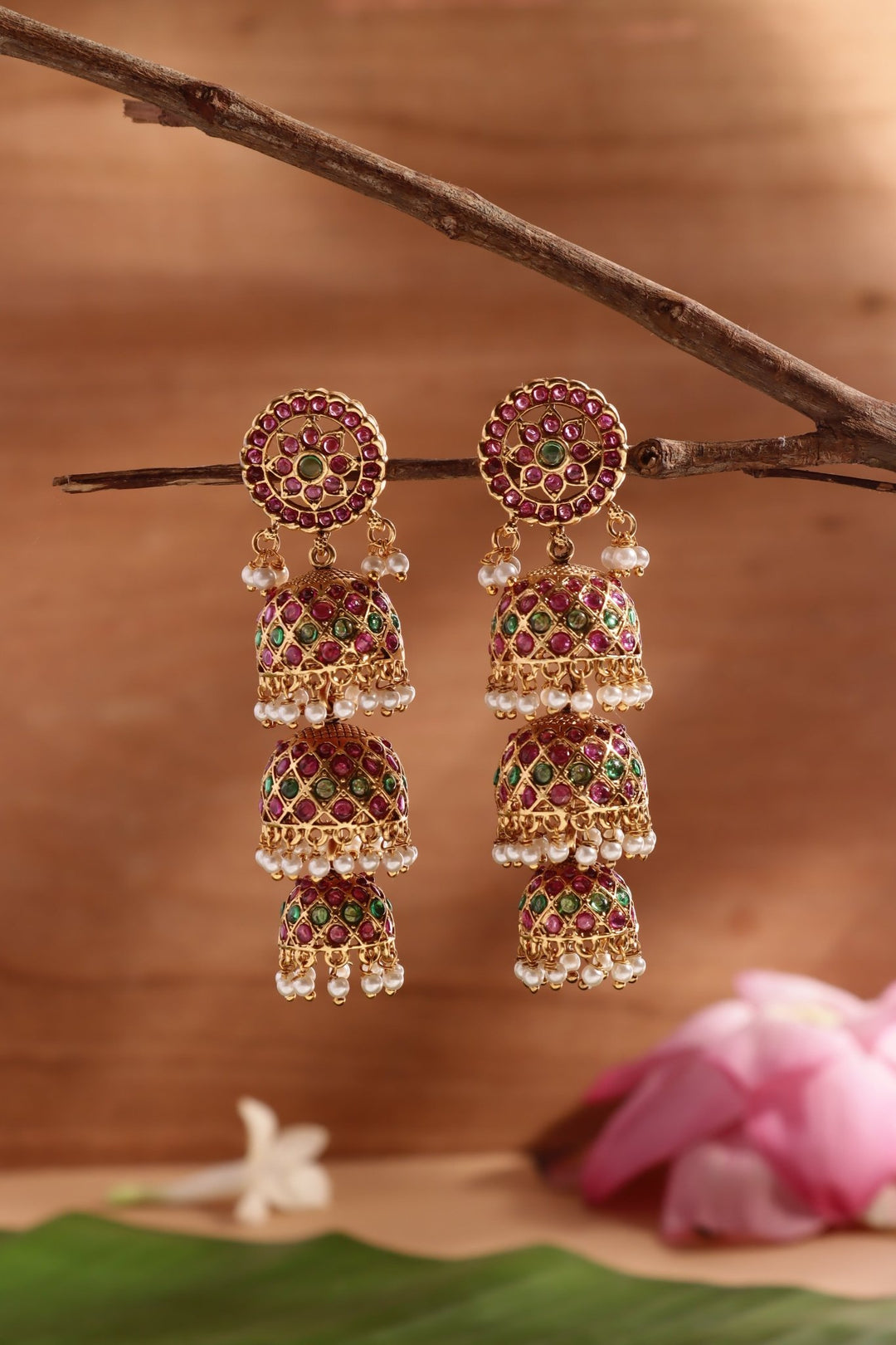 Triple Layered Flower Jhumka - E1483