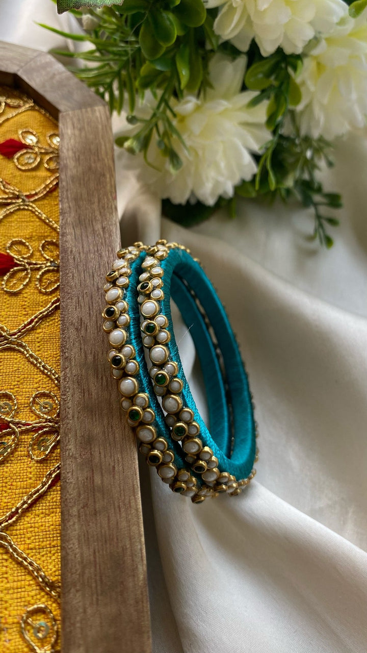 Turquoise Silk Thread Floral Handmade Kundan Bangles (Set of 2 ) - KB061 -V4