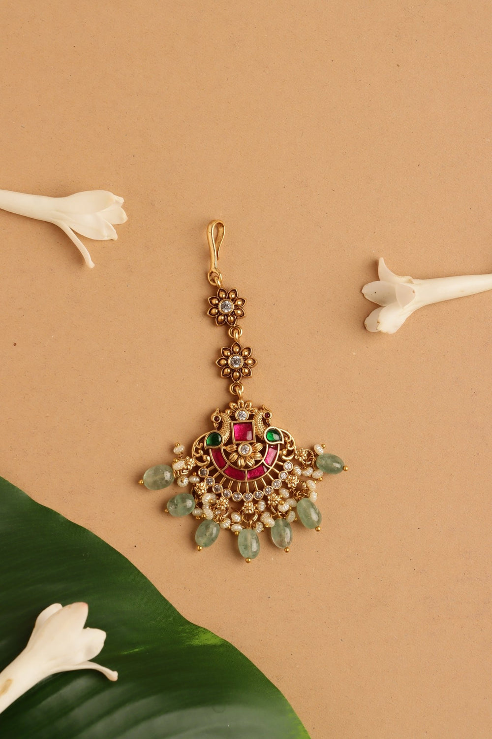 Twin Peacock Bridal Maangtikka - Beads - MT195