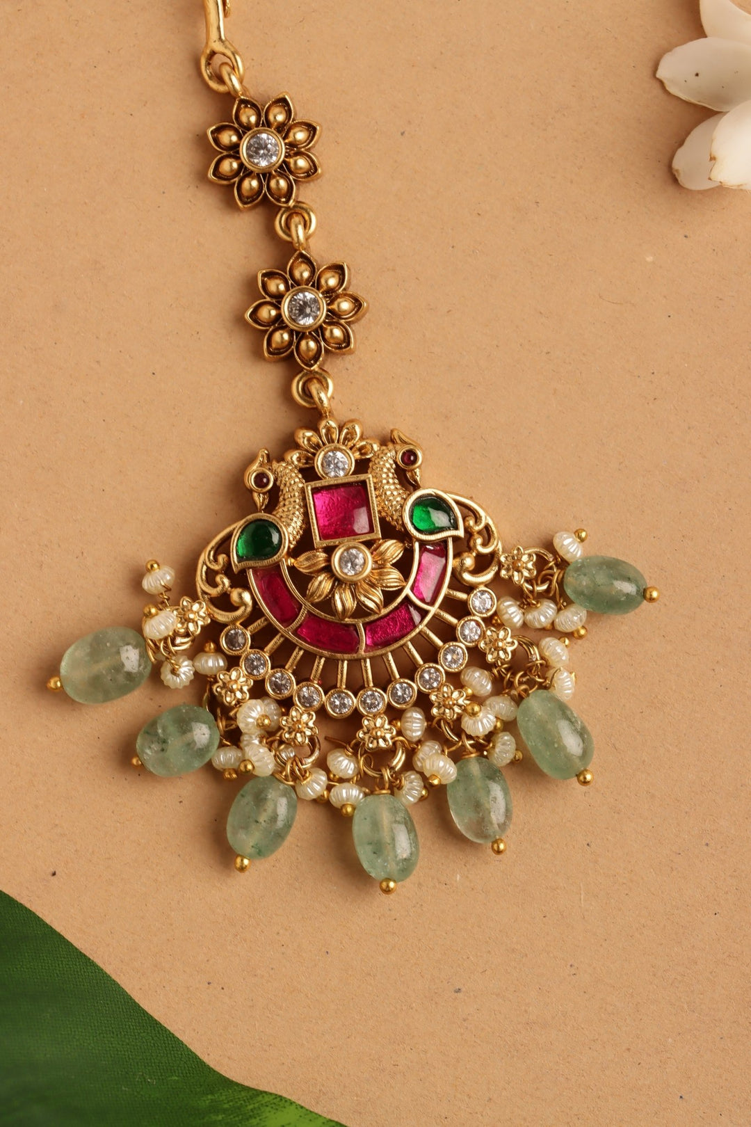 Twin Peacock Bridal Maangtikka - Beads - MT195