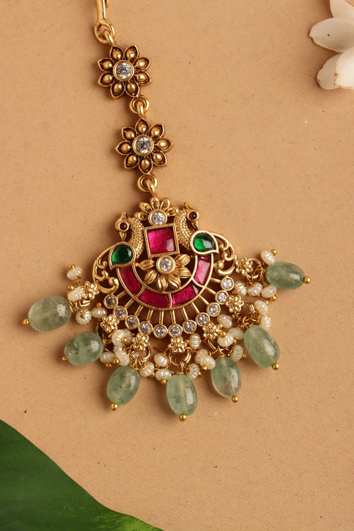 Twin Peacock Bridal Maangtikka - Beads - MT195