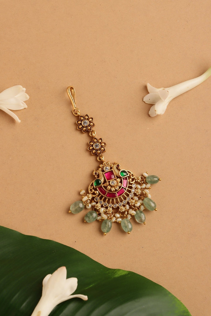 Twin Peacock Bridal Maangtikka - Beads - MT195