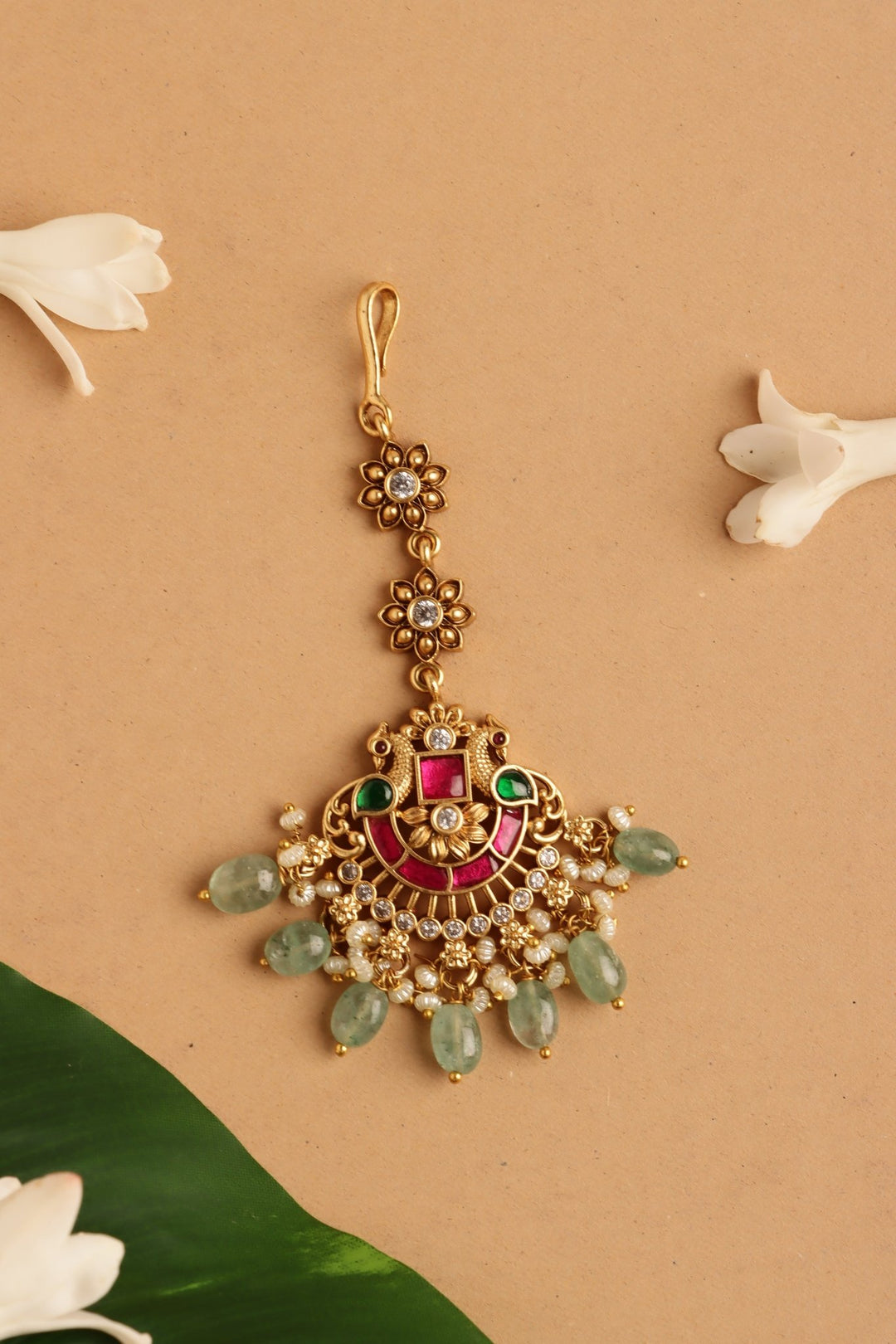 Twin Peacock Bridal Maangtikka - Beads - MT195