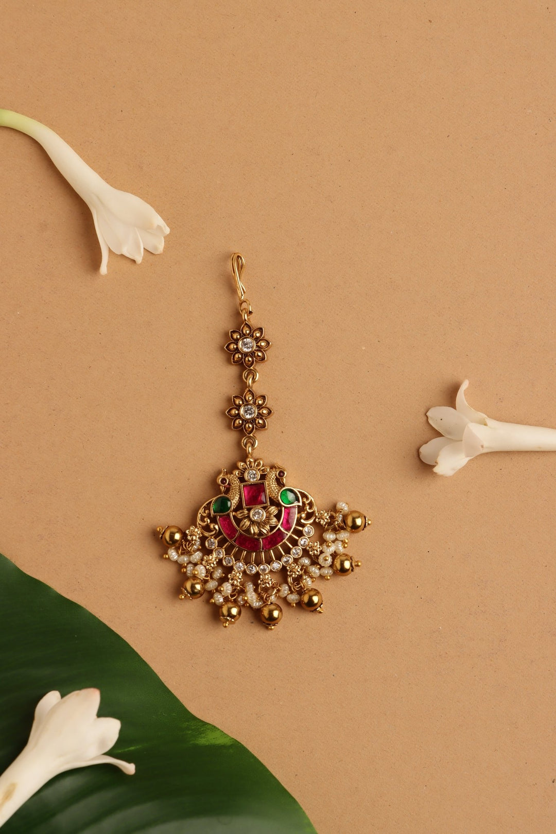 Twin Peacock Bridal Maangtikka - Pearls - MT194