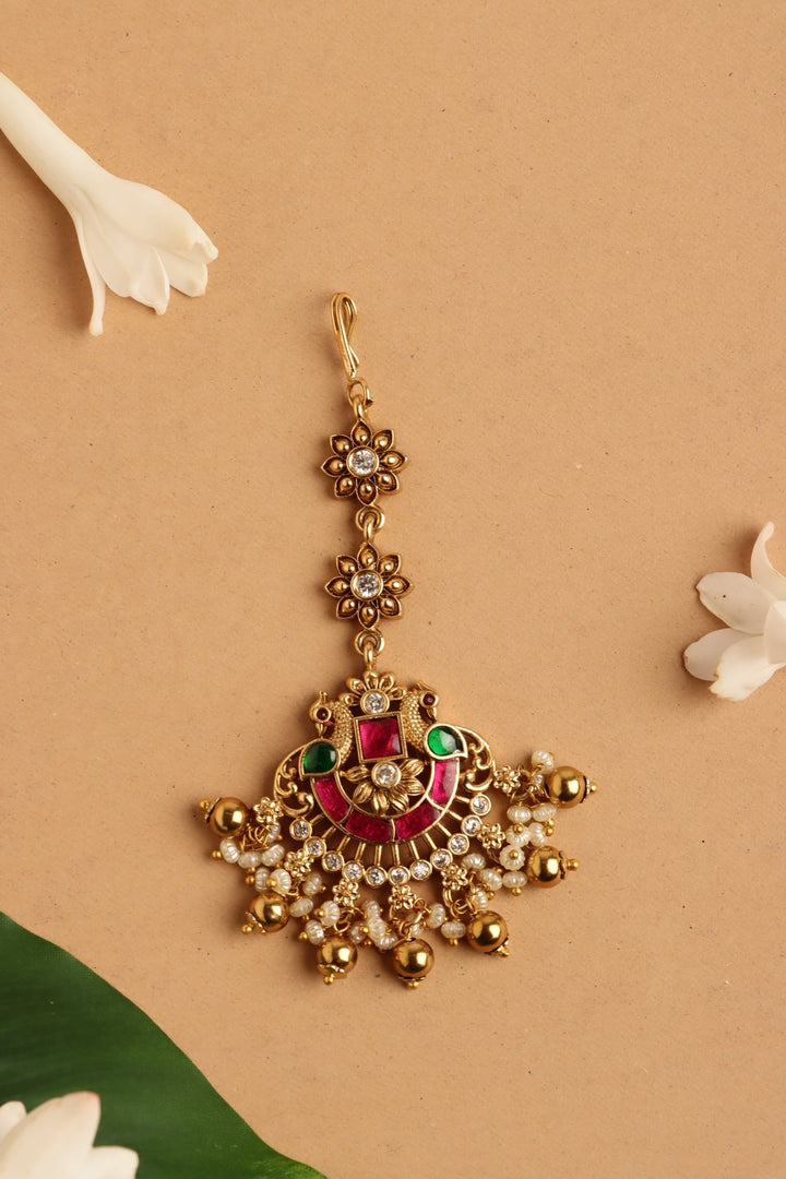 Twin Peacock Bridal Maangtikka - Pearls - MT194