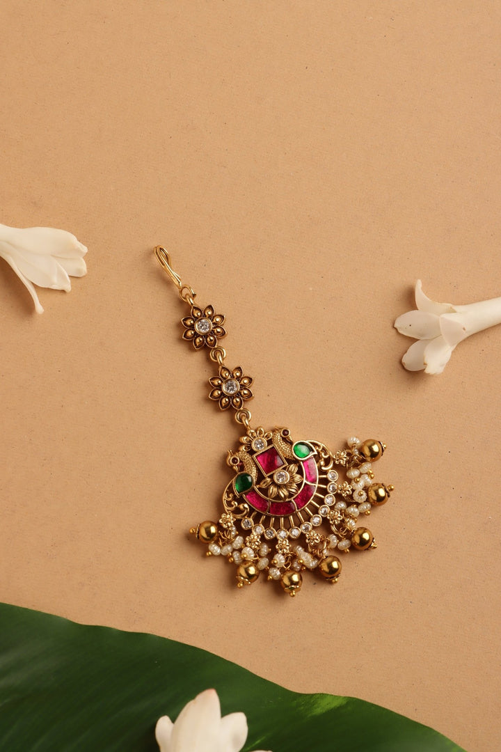 Twin Peacock Bridal Maangtikka - Pearls - MT194