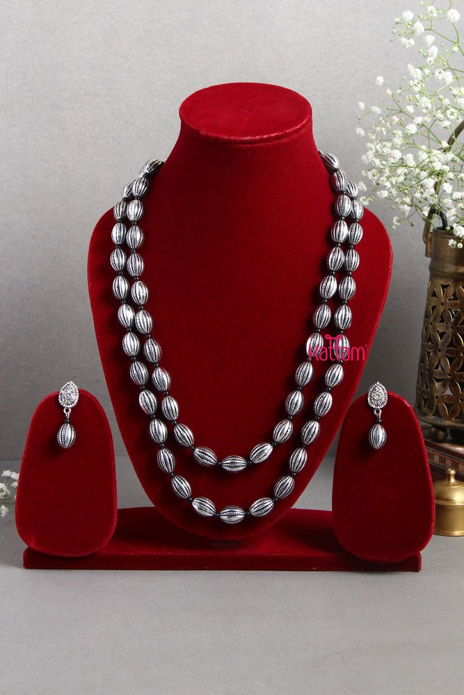 Two Layered Silvertone Oval Shape mala - N1840