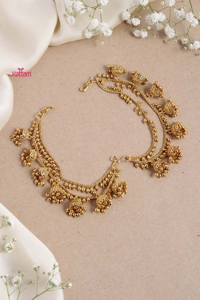 Two Line Jhumka Gold Ball Earchain - EC024