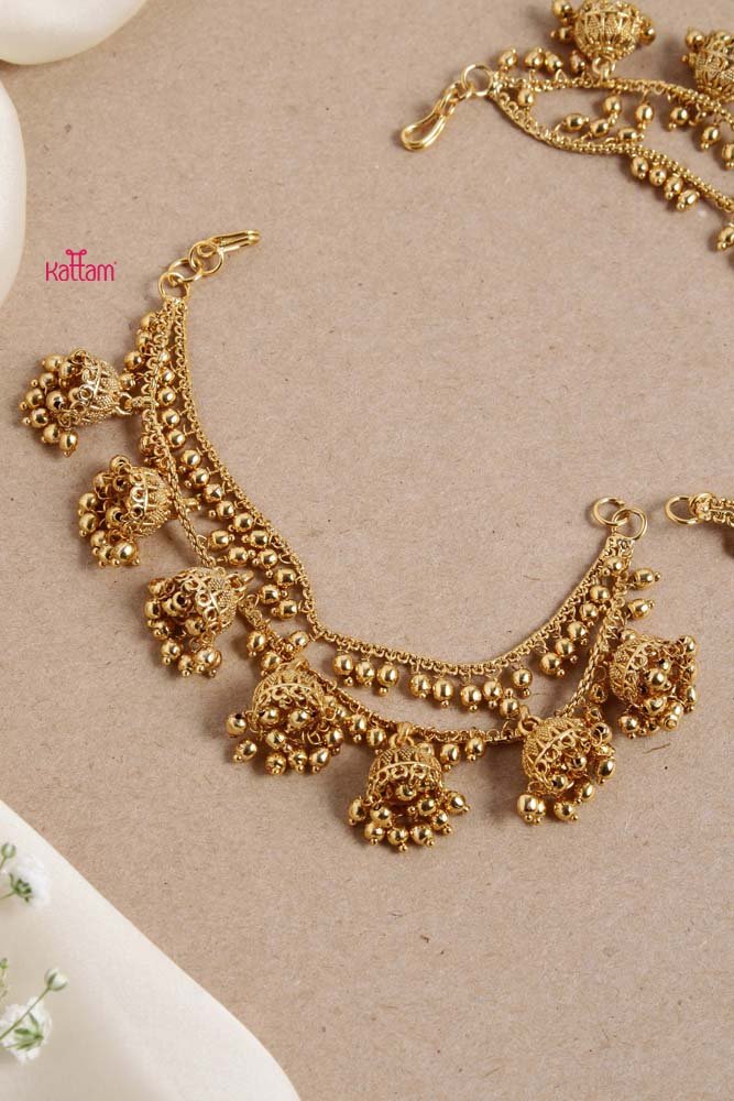 Two Line Jhumka Gold Ball Earchain - EC024