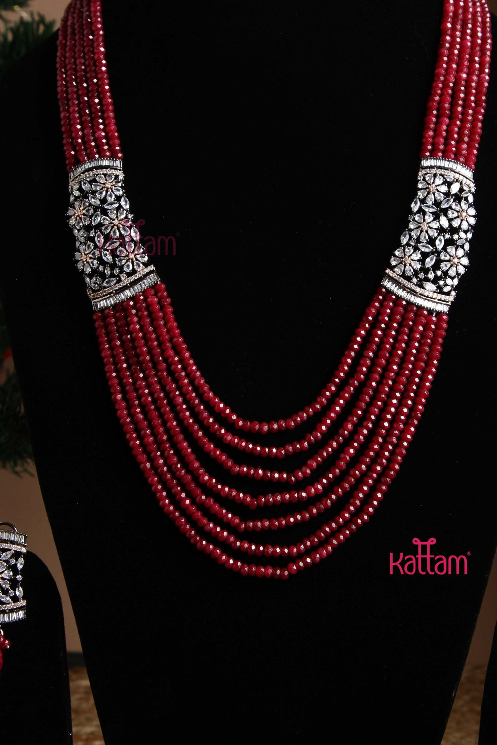 Victorian AD Floral Maroon Crystal Bead Haram - N6039