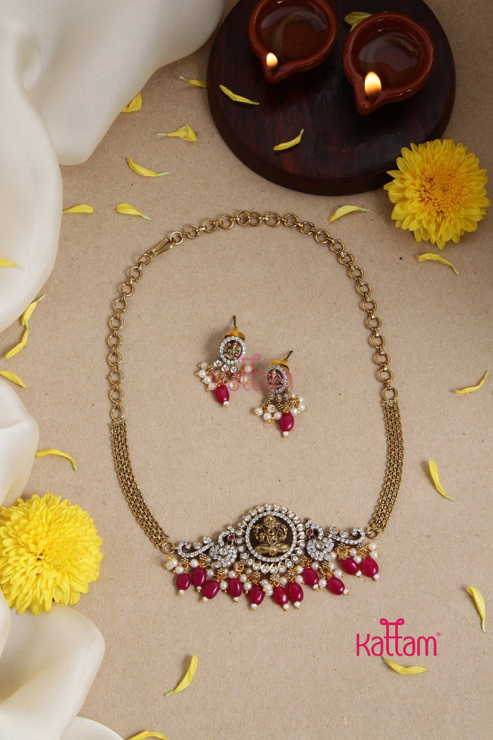 Victorian AD Ganesha Choker - Rani Pink - N6096