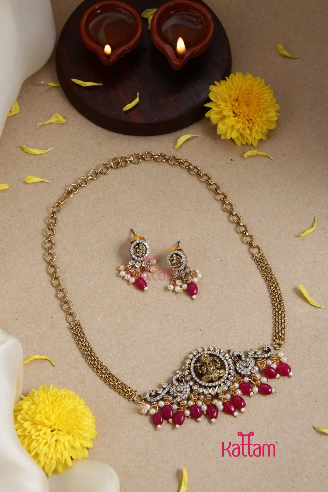 Victorian AD Ganesha Choker - Rani Pink - N6096