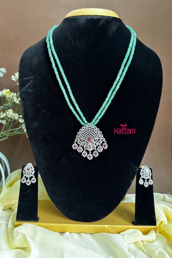 Victorian AD Grand Stone Green Crystal Beads Chain ( No Earrings ) - N2258